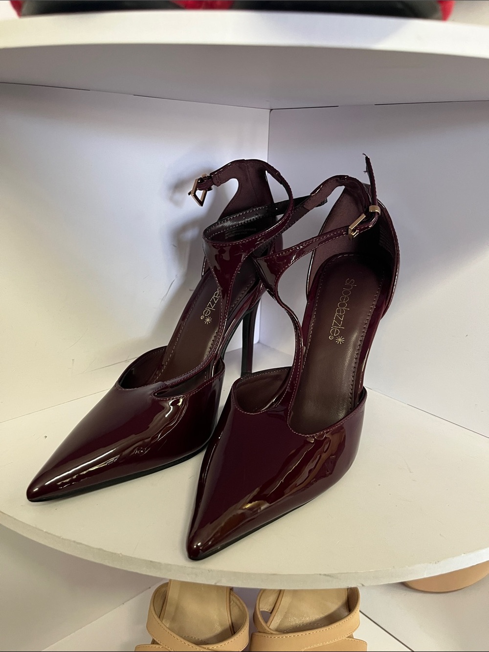 Shoe Dazzle Burgundy Patent Pointed-Toe Ankle-Strap Heels